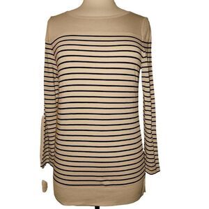 Joan Vass Studio Striped Long Sleeve Knit Top Slim Fit Black & Taupe Soft Sz L